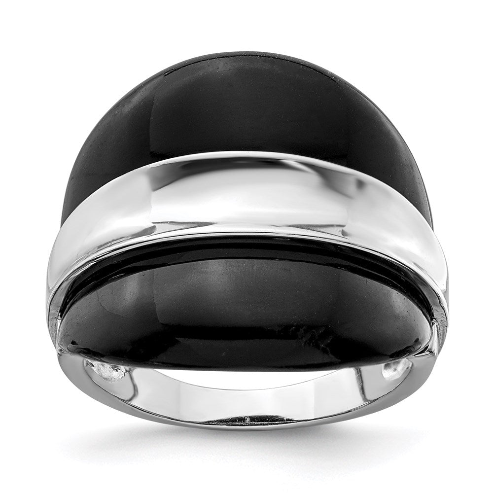 Sterling Silver Rhodium-plated Band w/ Surrounding Onyx Bands Ring, Size 8