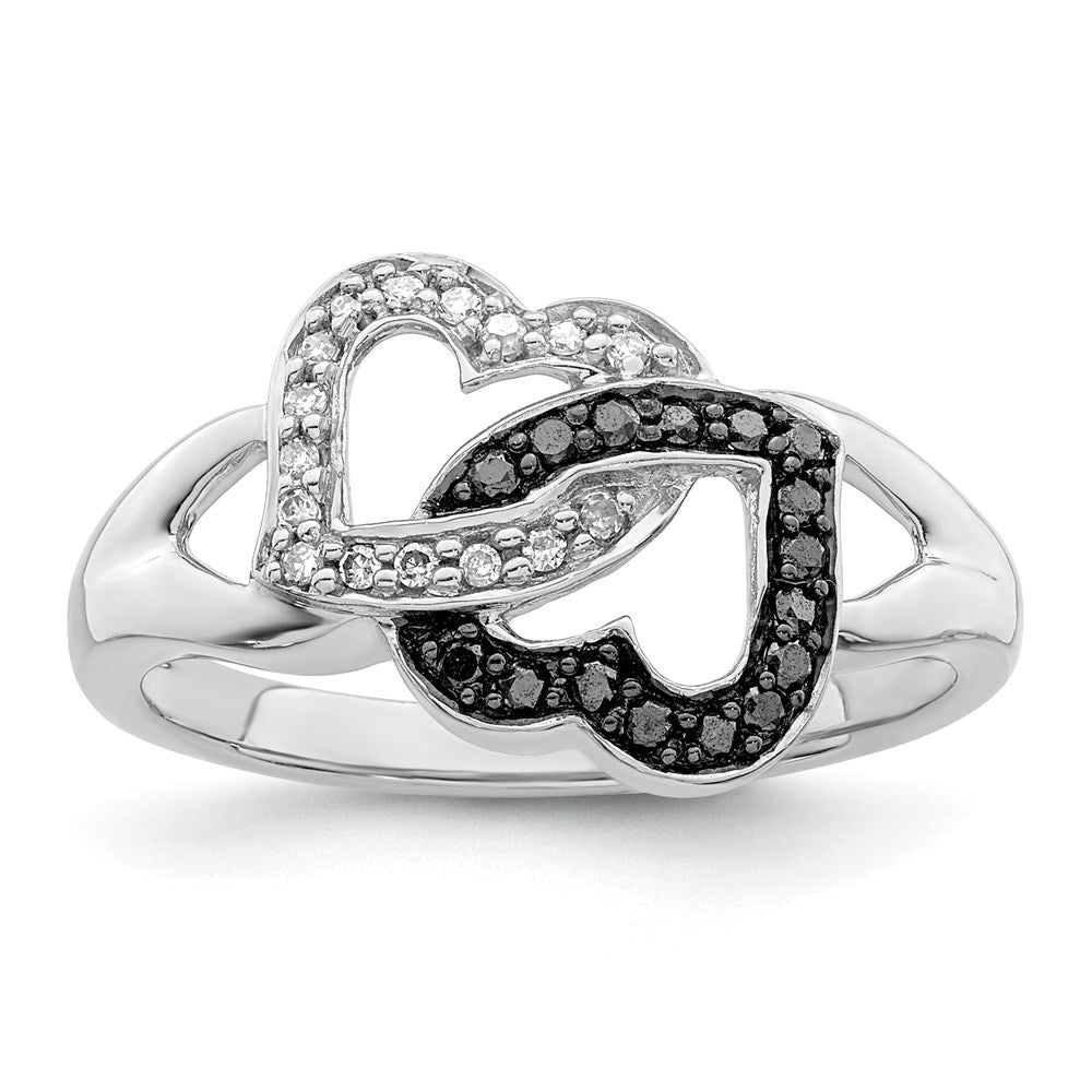 White Night Sterling Silver Rhodium-plated Black and White Diamond Hearts Ring, 0.13 ct, Size 8, 2 mm