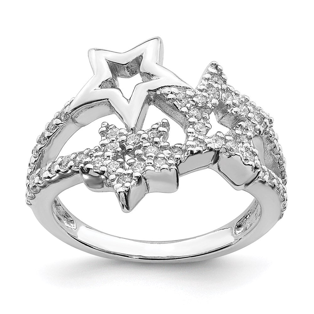 Sterling Silver Rhodium Plated CZ Triple Star Ring, Size 6