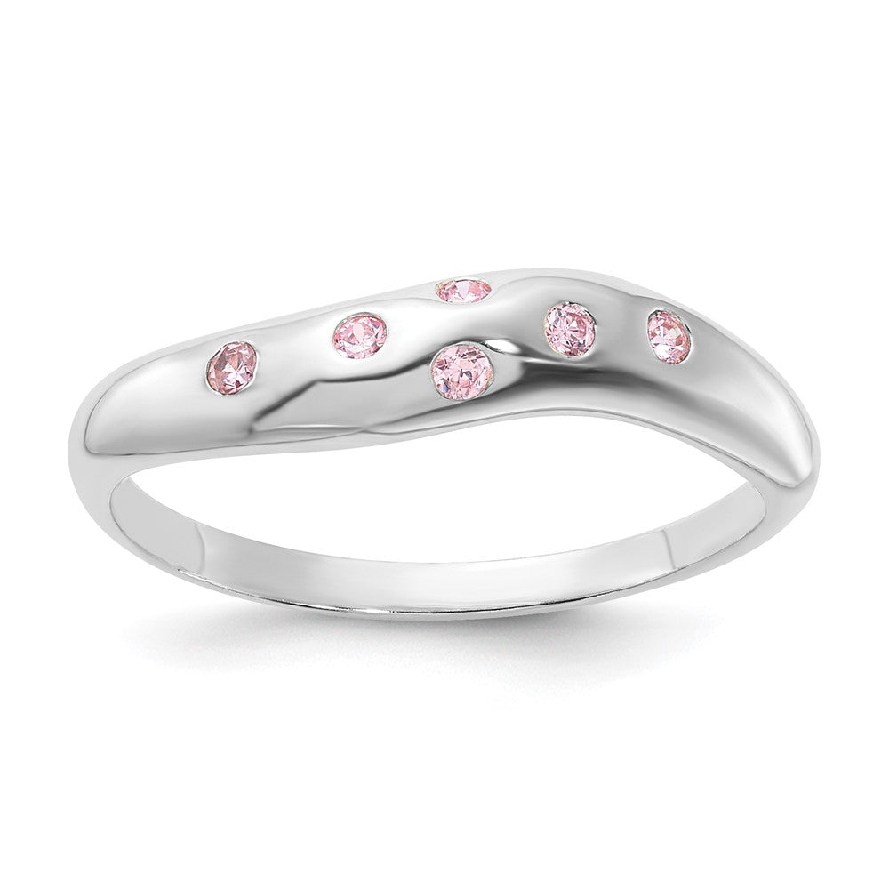 Sterling Silver Pink CZ Wavy Ring, Size 7, 5 mm
