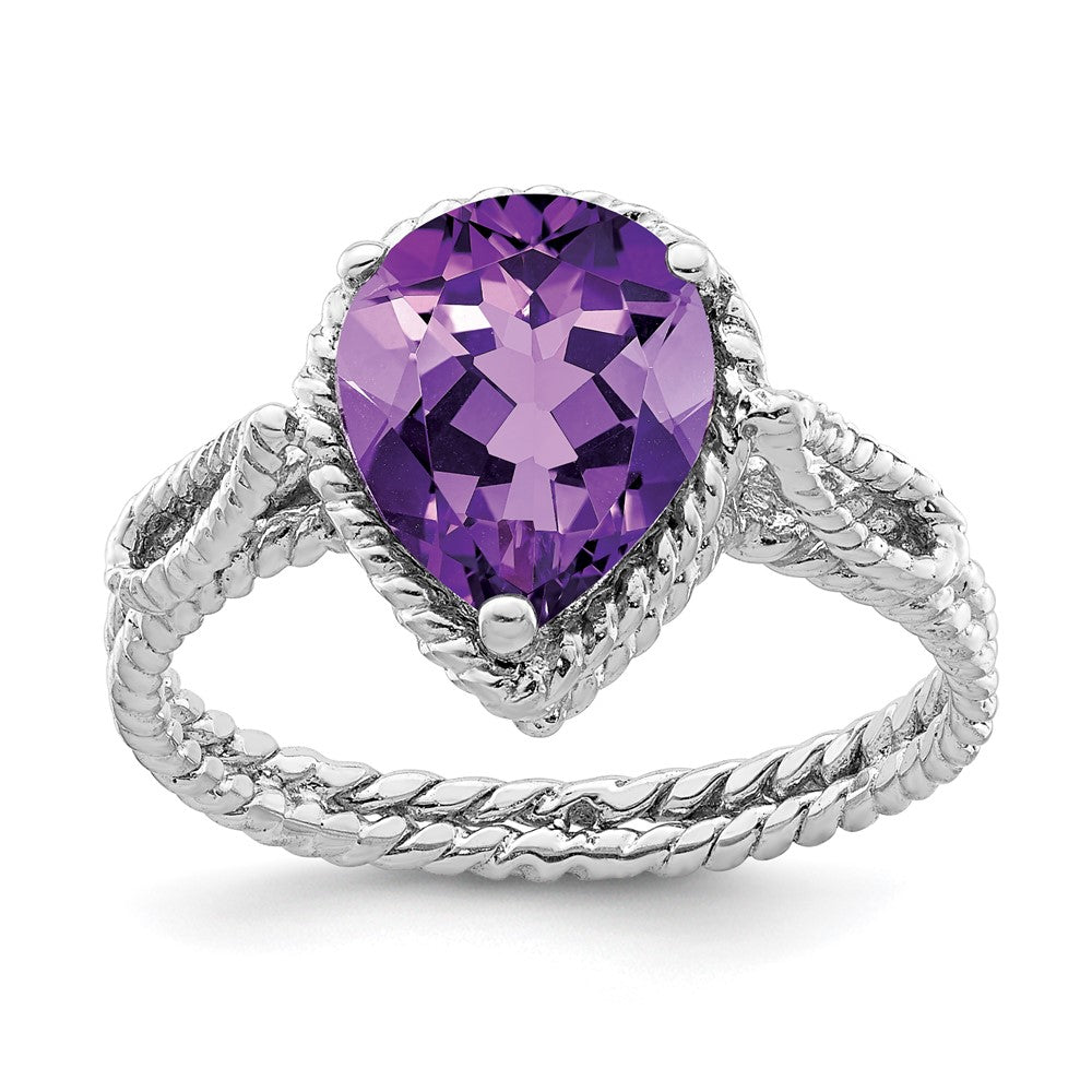 Sterling Silver Rhodium-plated Amethyst Pear Twisted Ring, Size 8, 3 mm
