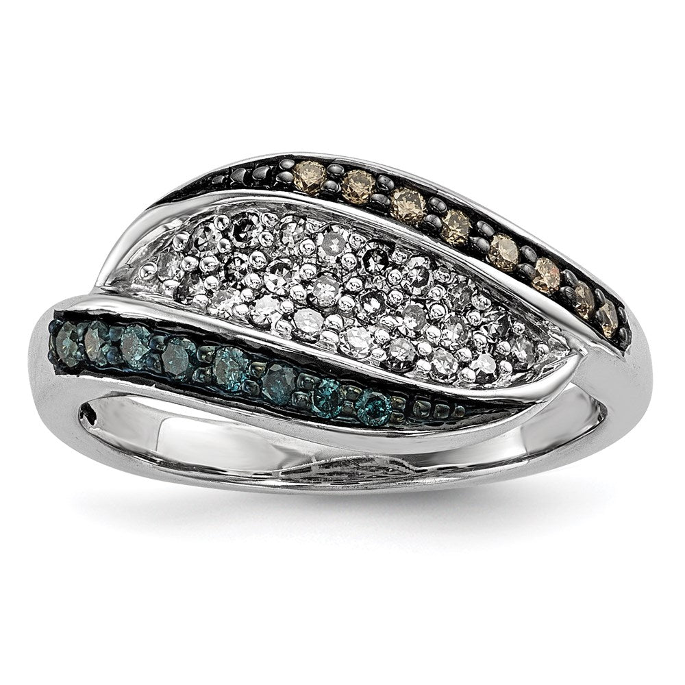 Sterling Silver White, Champagne & Blue Diamond Antiqued Ring, 0.333 ct, Size 6