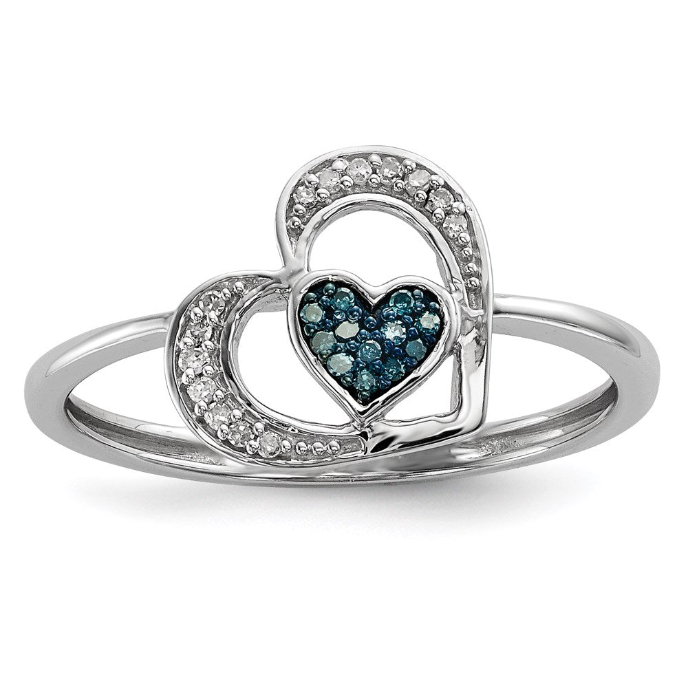 Sterling Silver Blue and White Diamond Heart Ring, 0.07 ct, Size 7