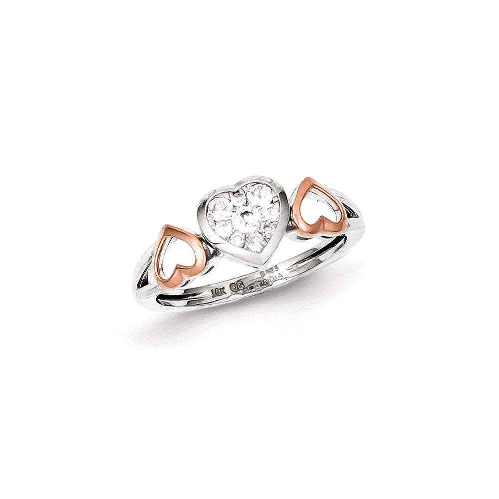 Sterling Silver 14k Rose Plated Diamond Three Heart Ring, 0.25 ct, Size 8