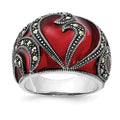 Sterling Silver Polished & Antiqued Marcasite & Red Epoxy Heart Ring, Size 7, 16.6 mm