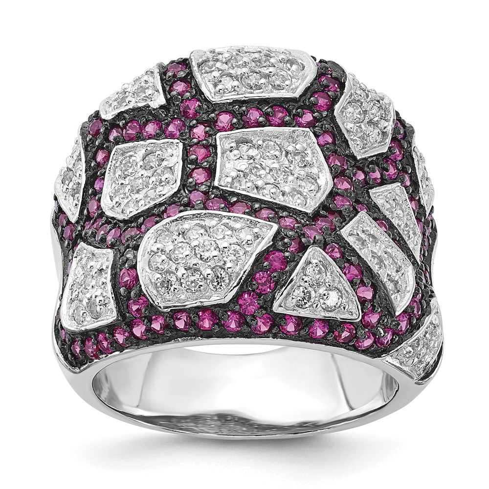 Sterling Silver & Black Rhodium Synthetic Ruby & White CZ Ring, Size 8