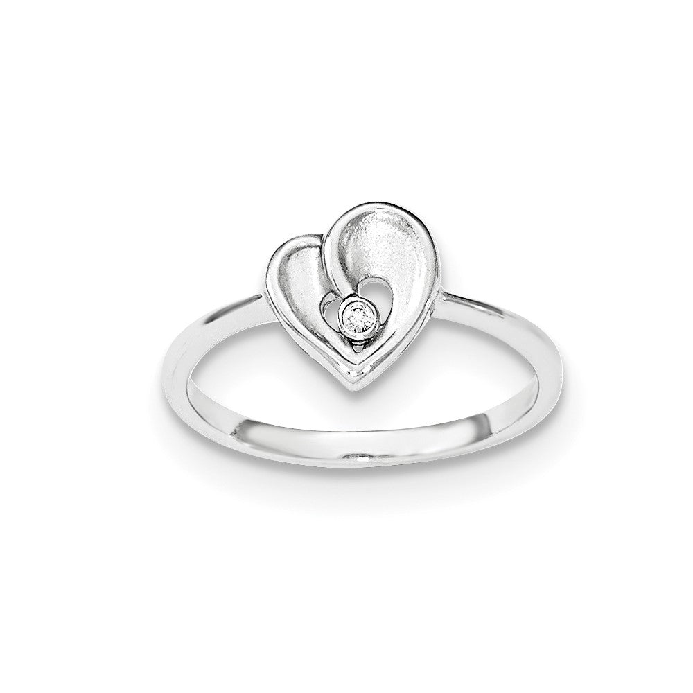 Sterling Silver Polished & Sandblast CZ Heart Ring, Size 8