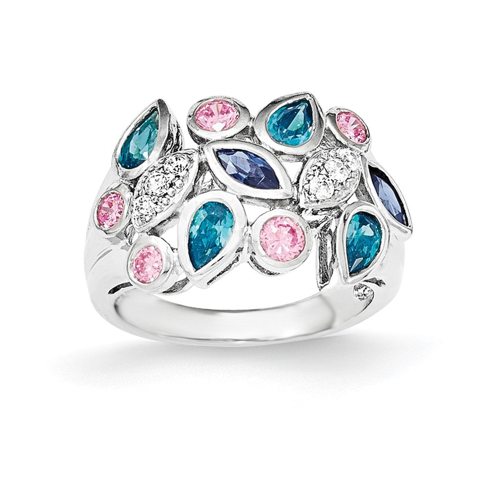 Sterling Silver Pink & Blue CZ Ring, Size 6