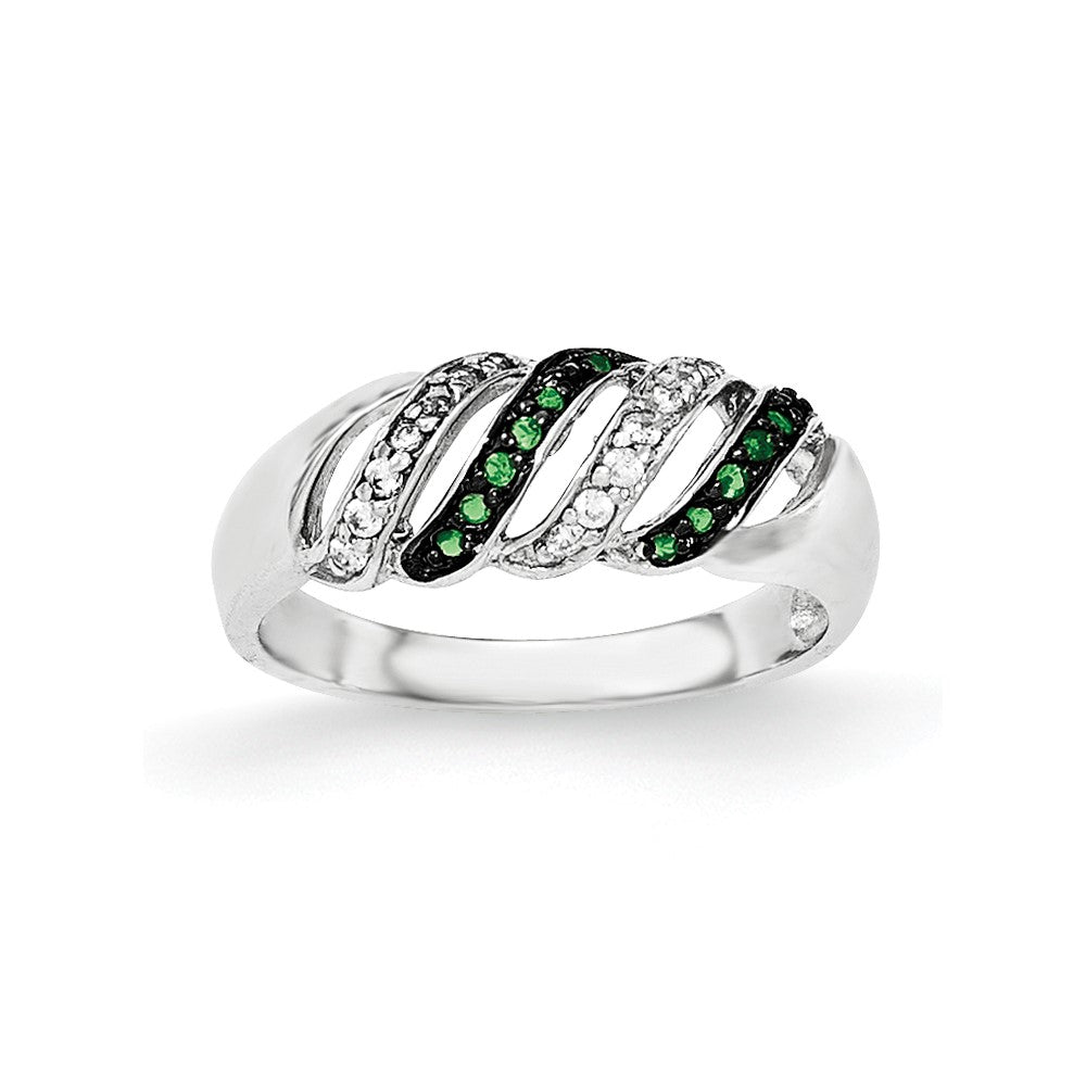 Sterling Silver Polished CZ & Green Glass Stone Ring, Size 7, 2.41 g