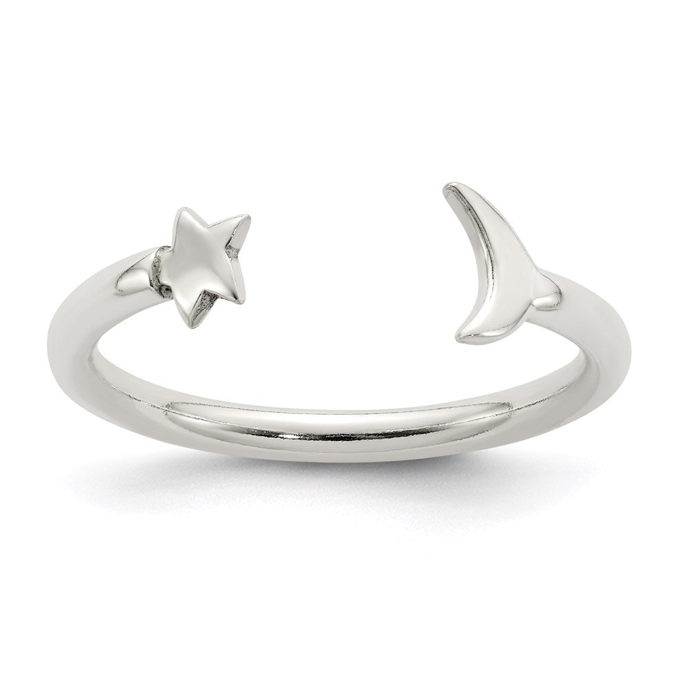 Sterling Silver Polished Half Moon and Star Adjustable Ring, 2 mm