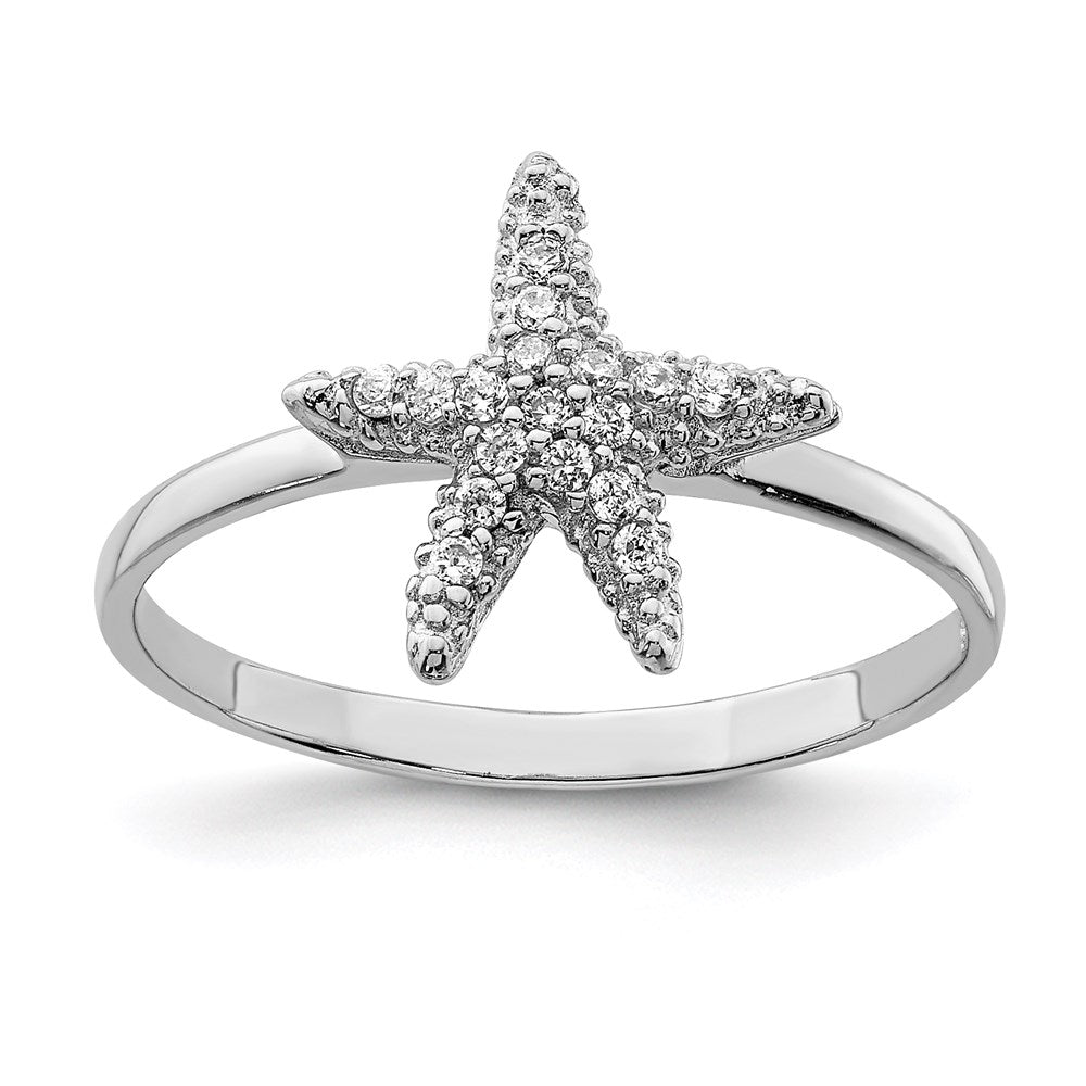 Sterling Silver Rhodium-plated Polished CZ Starfish Ring, Size 8