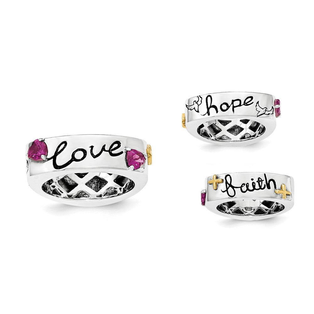 Sterling Silver w/14k Rhodolite Garnet Faith Hope Love Ring, 0.63 ct, Size 8