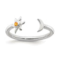 Sterling Silver Polished Half Moon and Sun Orange CZ Adjustable Ring, 1.5 mm