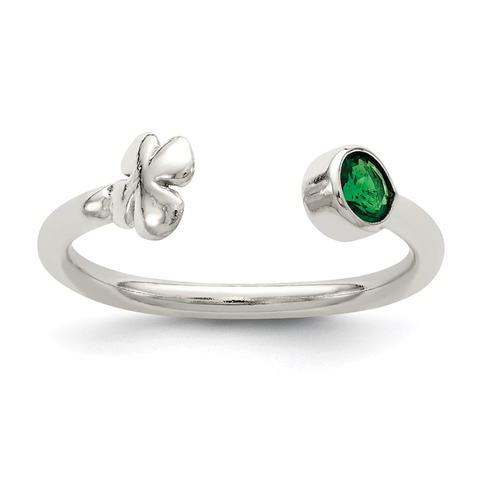 Sterling Silver Green Glass Bead 4-Leaf Clover Adjustable Ring, 1.5 mm