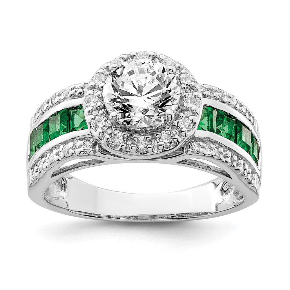 Sterling Silver Rhodium-plated CZ and Lab Created Emerald Ring, 3.28 ct, Size 6