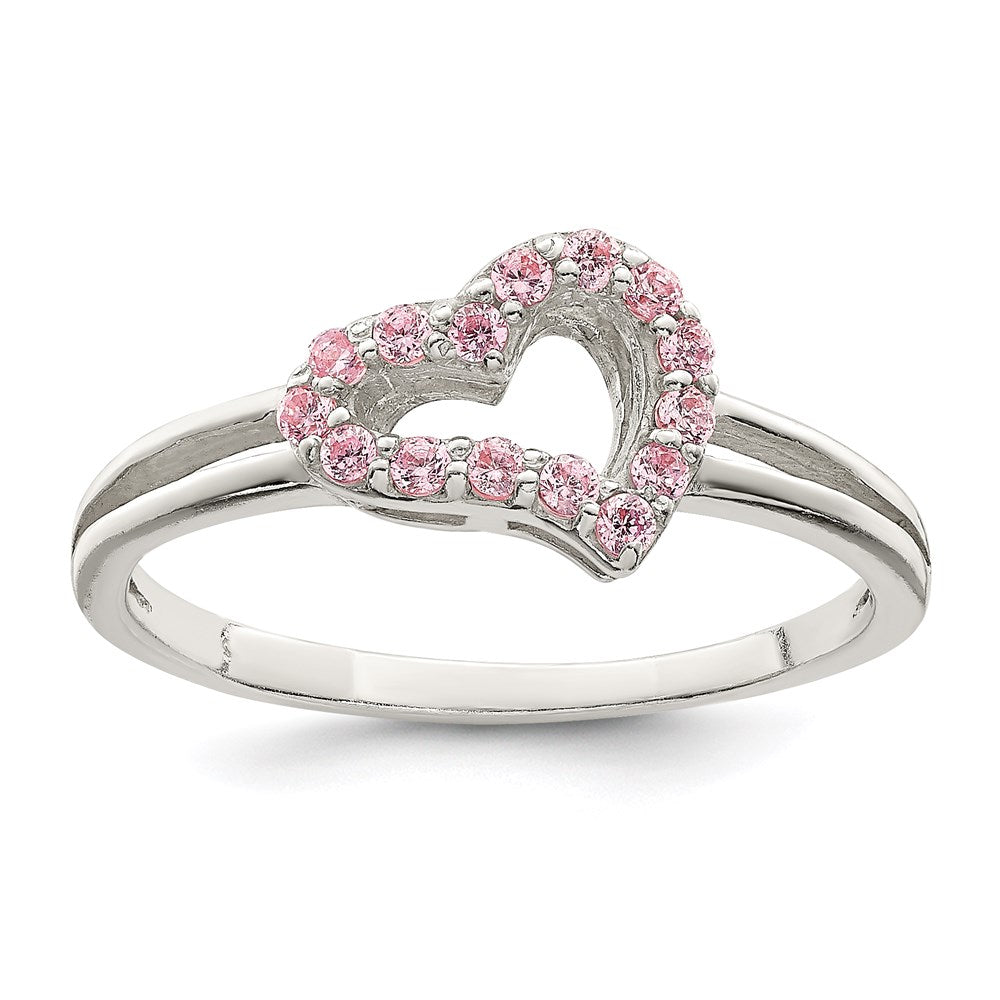 Sterling Silver Polished Pink CZ Heart Ring, Size 8