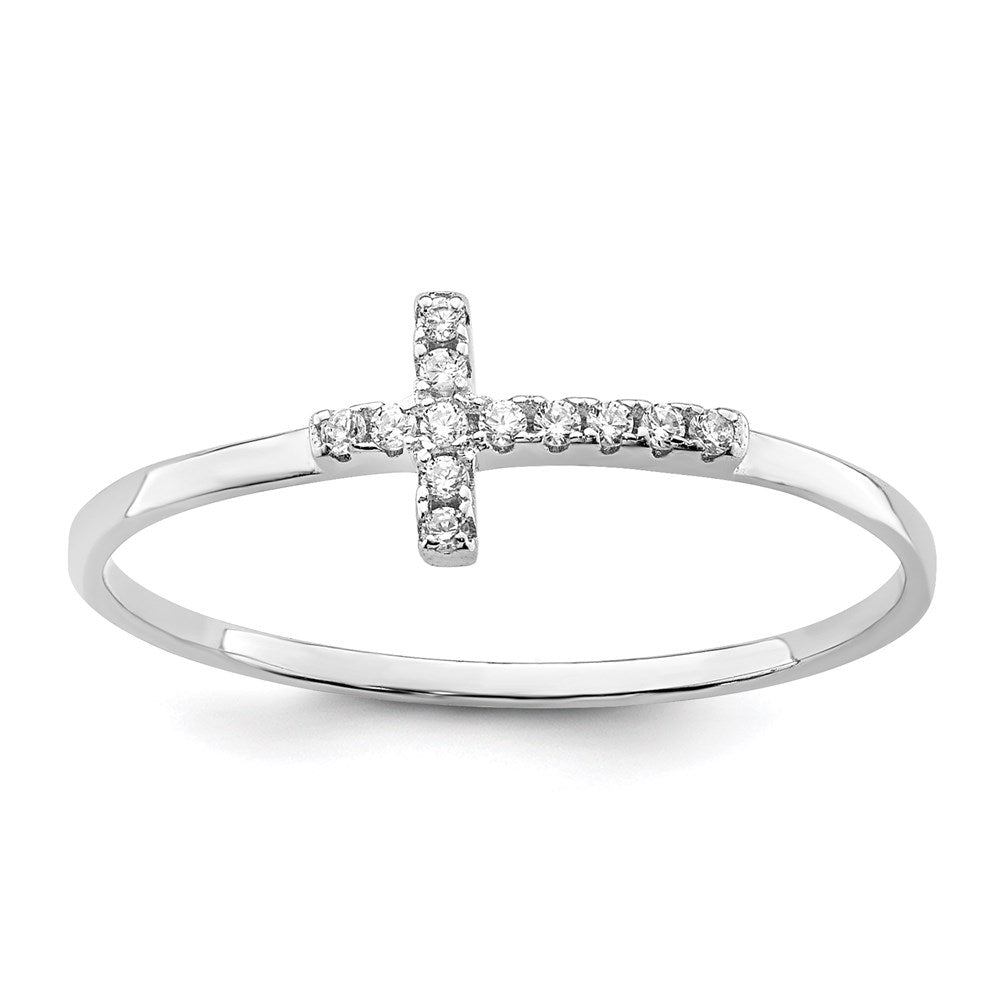 Sterling Silver Rhodium-plated CZ Side Cross Polished Ring, Size 8, 1 mm