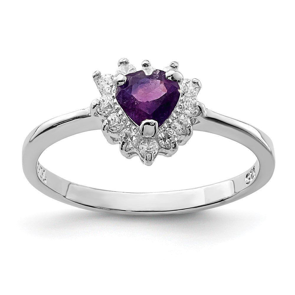 Sterling Silver Rhodium-plated Amethyst and CZ Heart Ring, Size 6, 2 mm