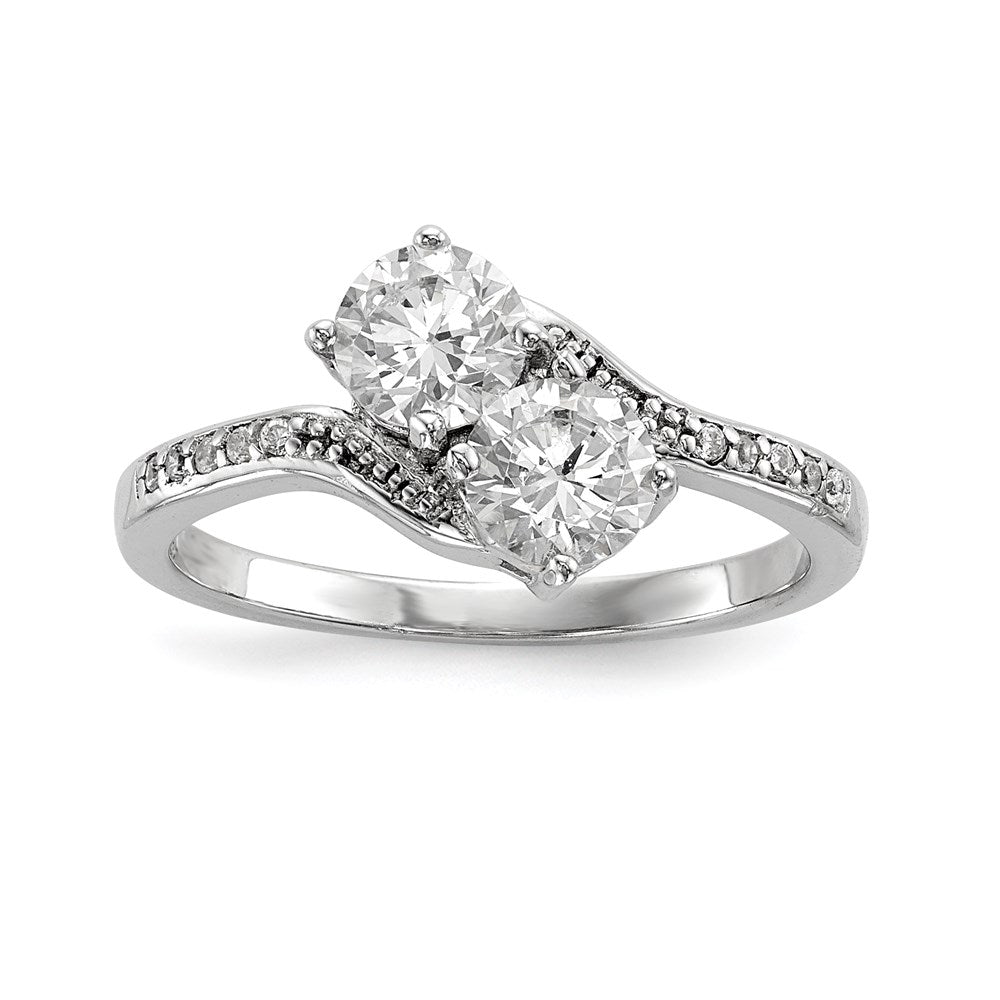 Sterling Silver Rhodium-plated Two Stone CZ Bypass Ring, Size 8, 1.65 mm