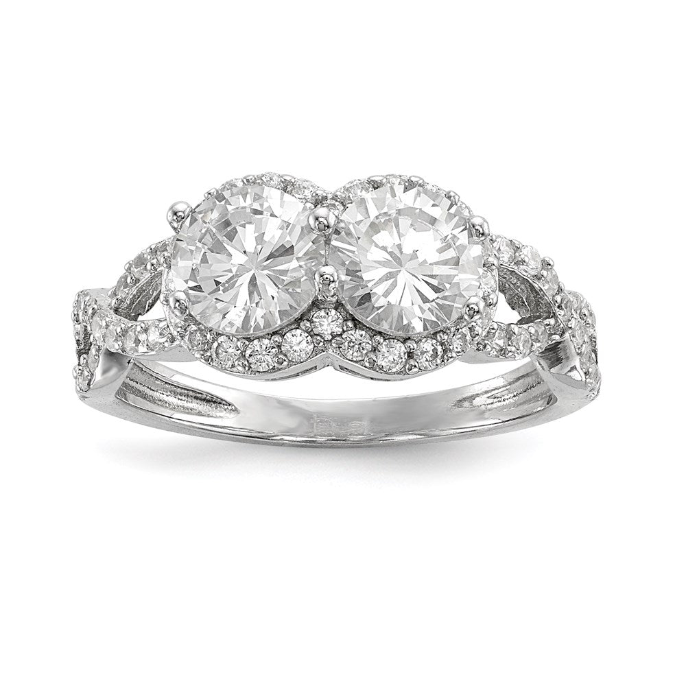 Sterling Silver Rhodium-plated CZ Two Stone Halo Ring, Size 8