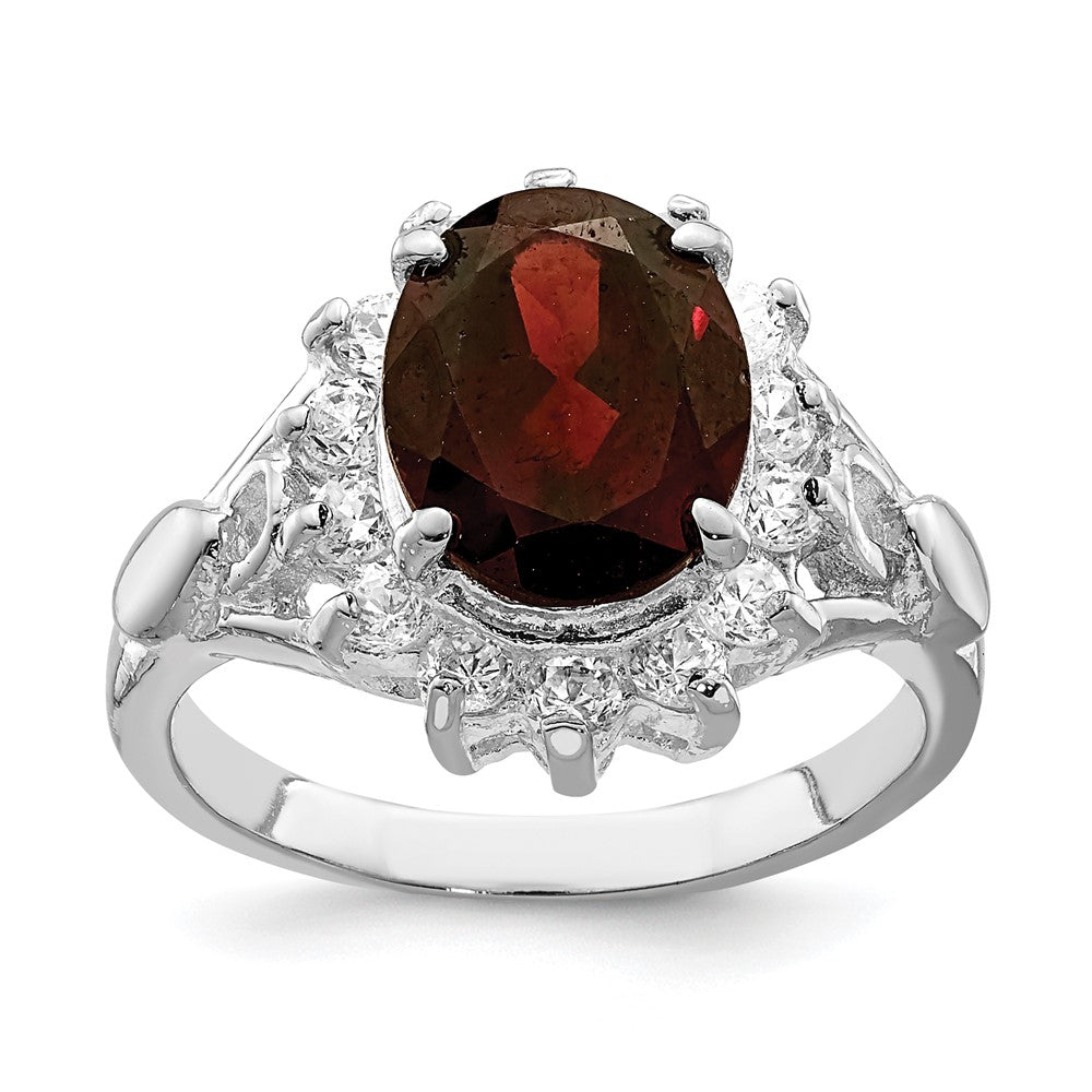 Sterling Silver Rhodium-plated Garnet & CZ Ring, Size 8, 3 mm, 3.87 g