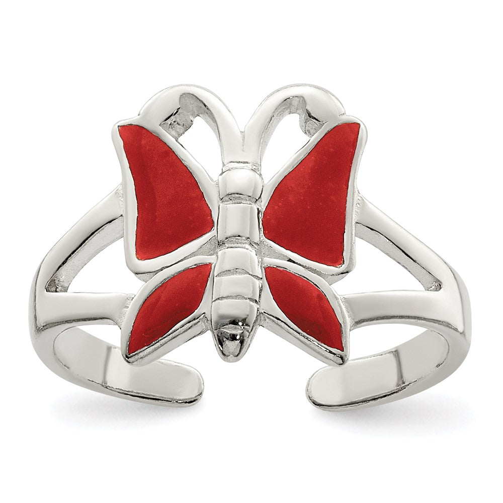 Sterling Silver Antiqued Red Enameled Butterfly Toe Ring, 2 mm