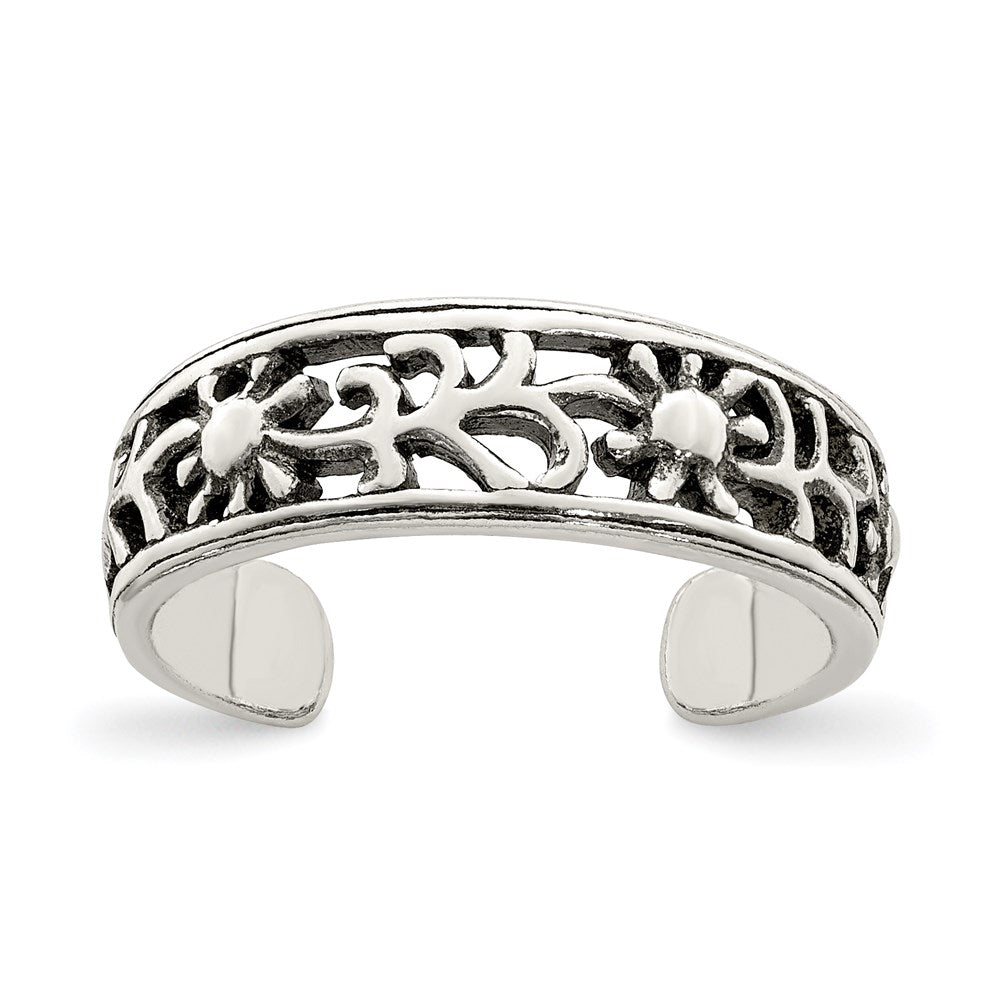 Sterling Silver Antiqued Floral Toe Ring, 5 mm