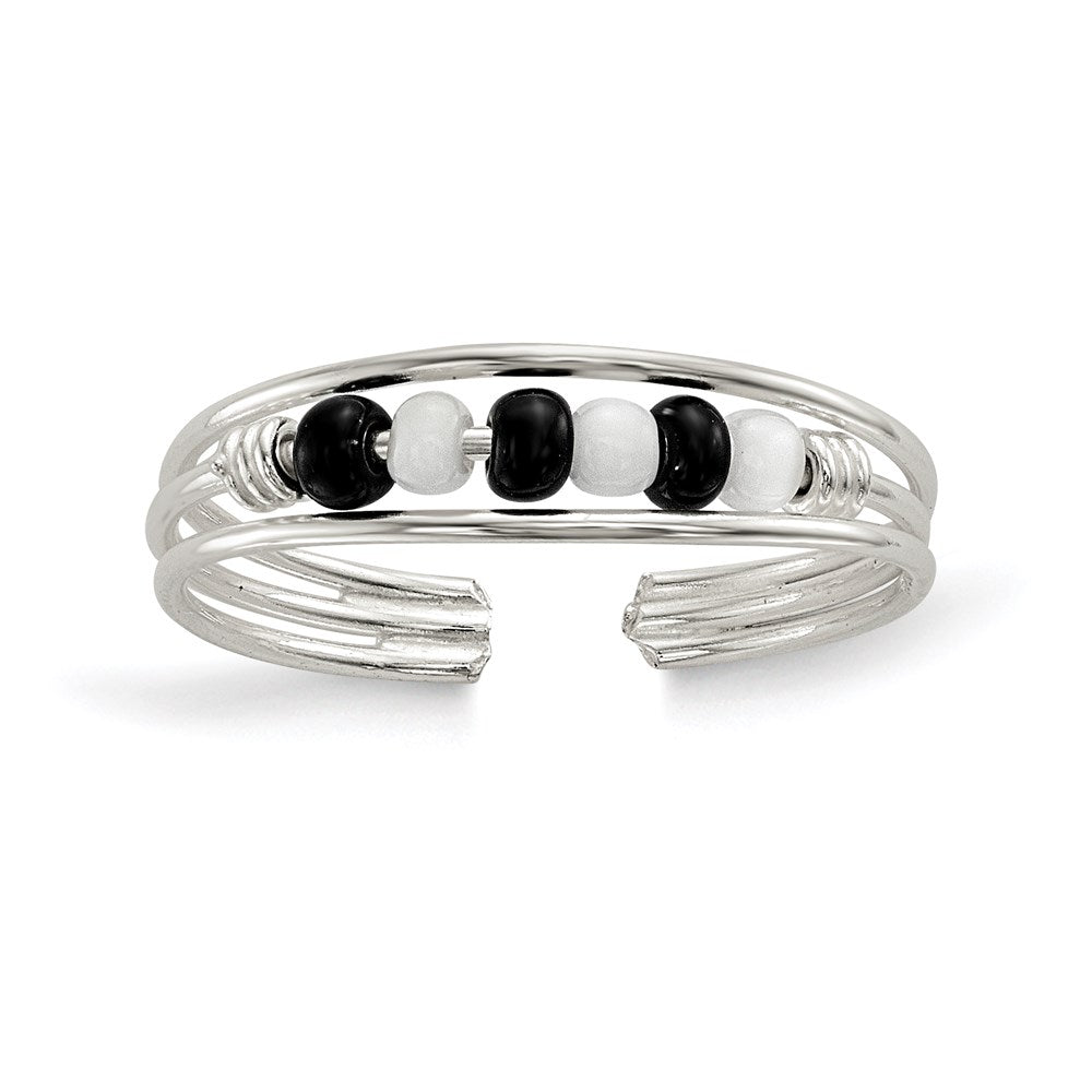 Sterling Silver Black & White Beaded Toe Ring, 3 mm