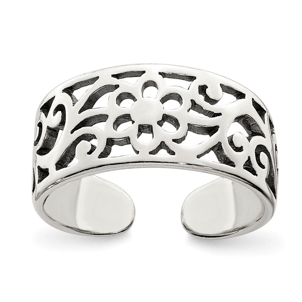 Sterling Silver Antiqued Floral Toe Ring, 8 mm