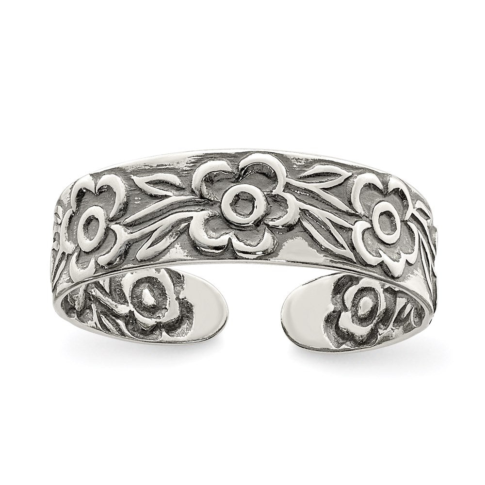 Sterling Silver Antiqued Flowers Toe Ring, 5 mm