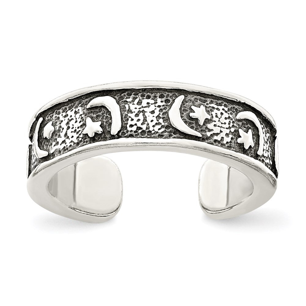 Sterling Silver Antiqued Moon & Star Toe Ring, 5 mm