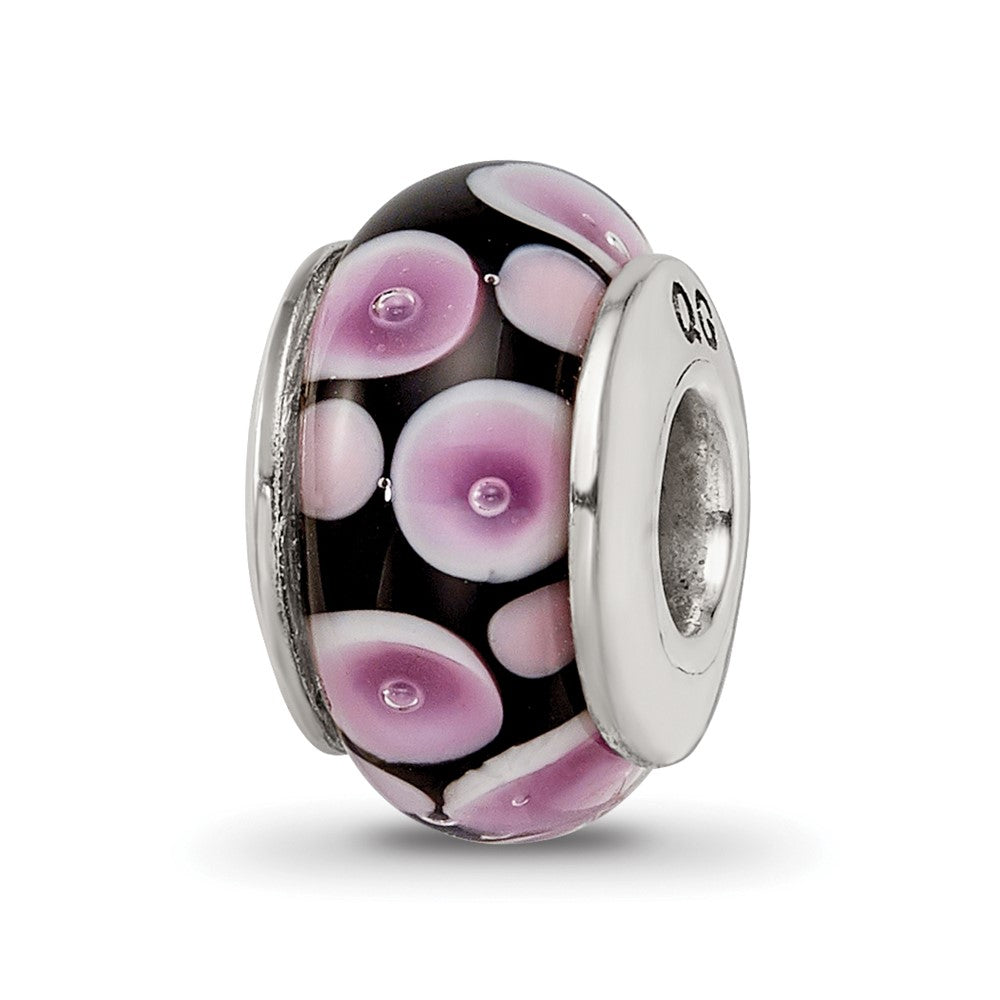 Sterling Silver Reflections Purple/Black Hand-blown Glass Bead, 13.64 x 7.27 mm