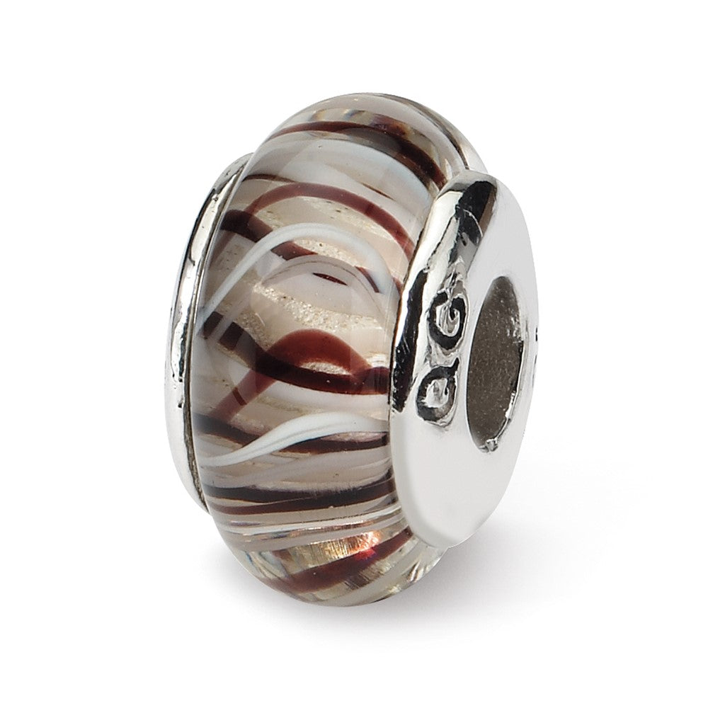 Sterling Silver Reflections Brown/White Hand-blown Glass Bead, 13.64 x 7.27 mm
