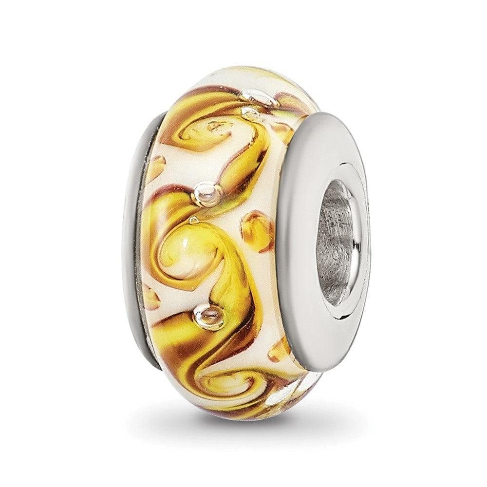 Sterling Silver Reflections Yellow/Green/White Swirl Glass Bead, 12.73 x 7.27 mm
