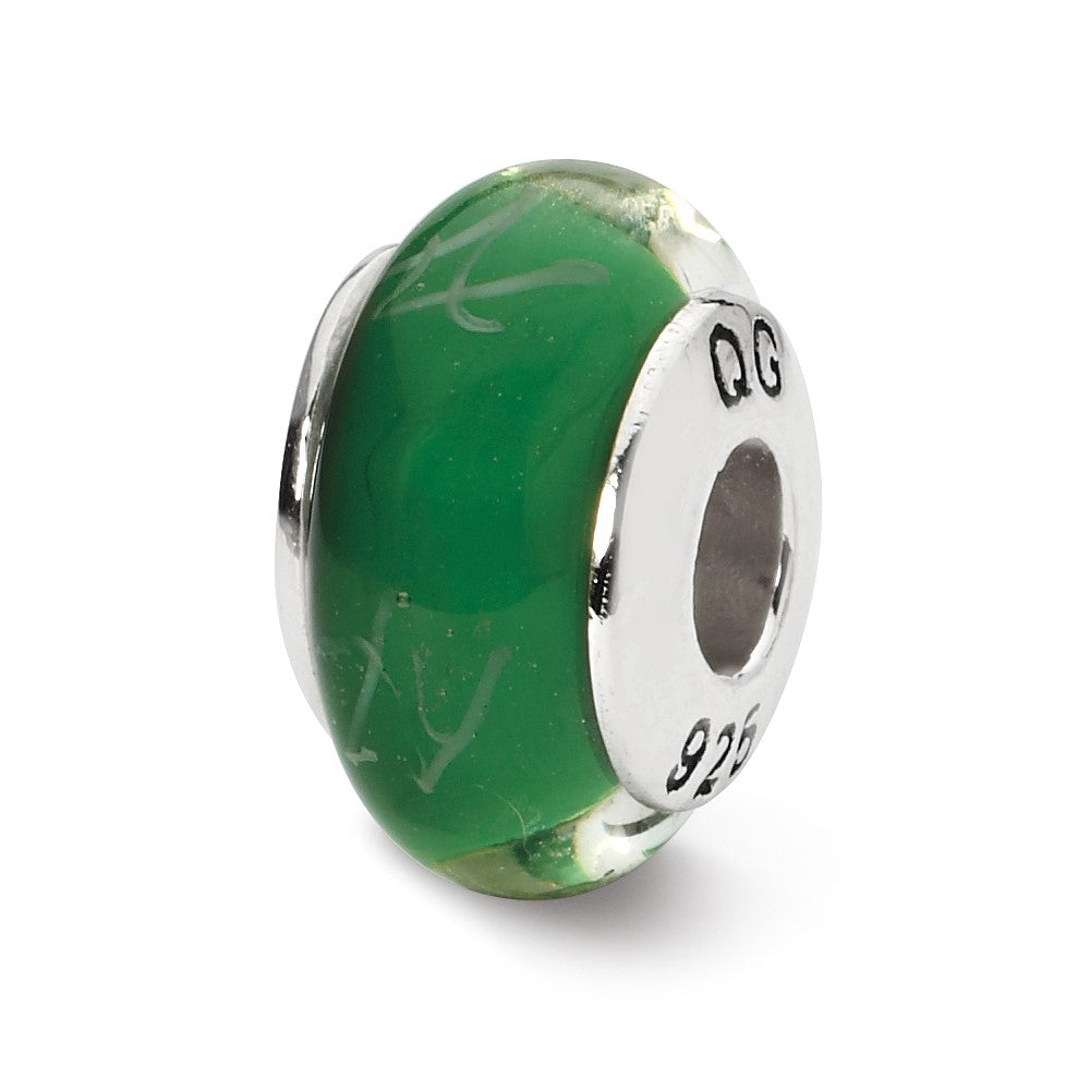 Sterling Silver Reflections Green/White Scribbles Hand-blown Glass Bead, 12.73 x 7.27 mm