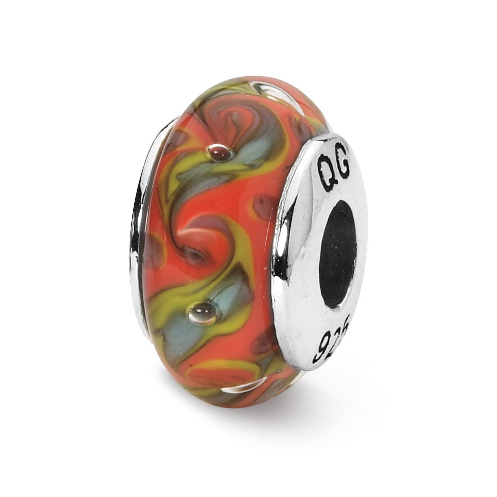 Sterling Silver Reflections Red/Teal Swirl Hand-blown Glass Bead, 12.73 x 7.27 mm