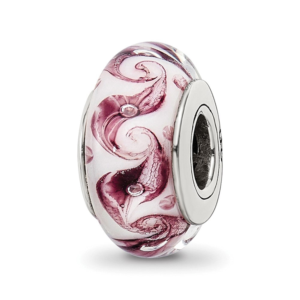 Sterling Silver Reflections White/Mauve Swirl Hand-blown Glass Bead, 12.73 x 7.27 mm