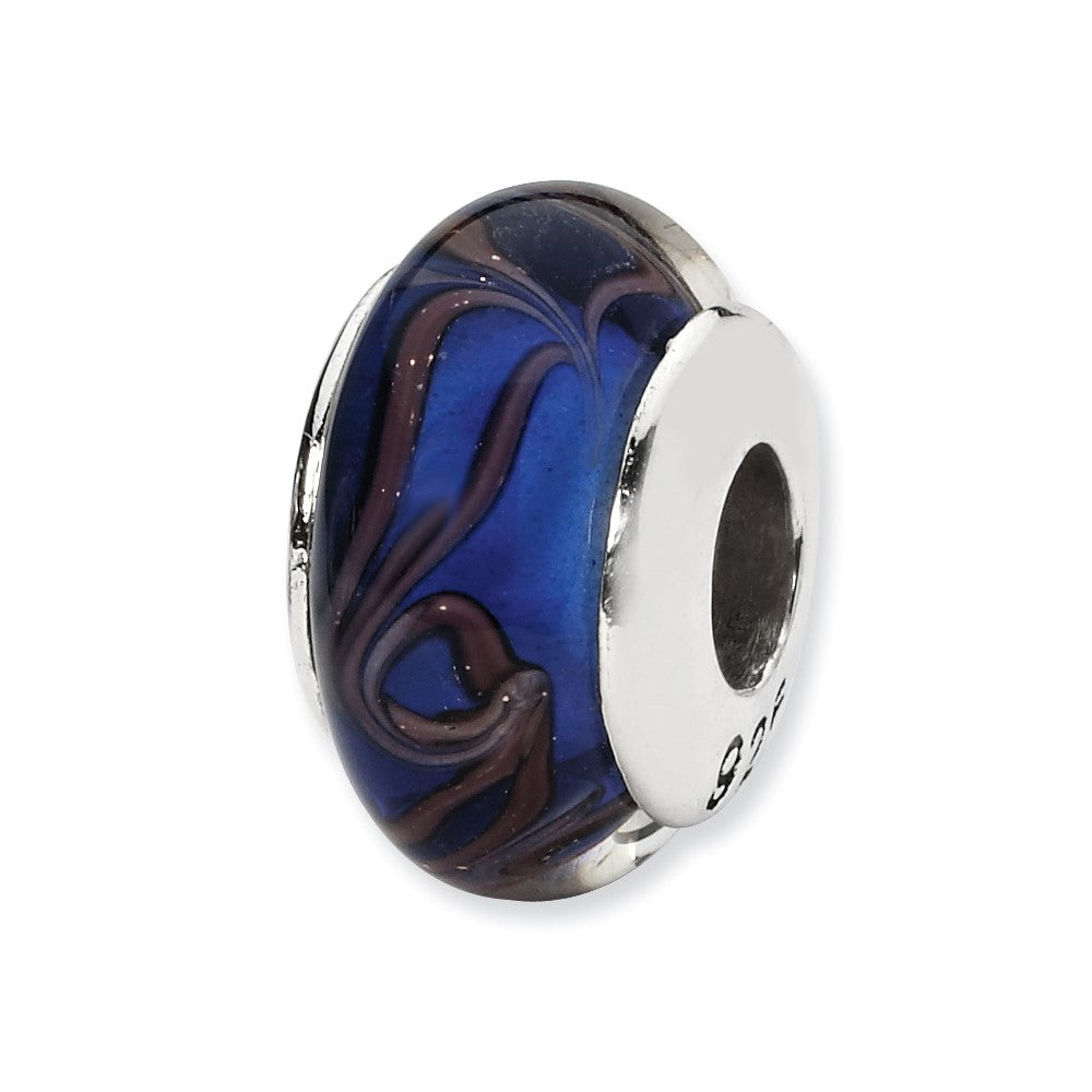 Sterling Silver Reflections Blue/Brown Swirl Hand-blown Glass Bead, 12.73 x 7.27 mm
