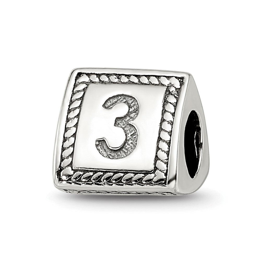 Sterling Silver Reflections Number 3 Triangle Block Bead, 8.18 x 8.18 mm
