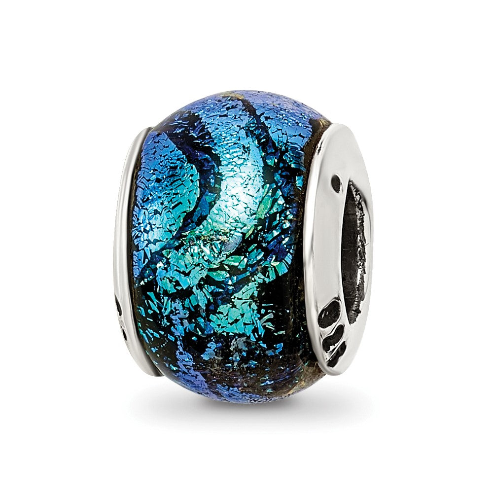 Sterling Silver Reflections Green Dichroic Glass Bead, 11.82 x 5.45 mm, 2.16 g