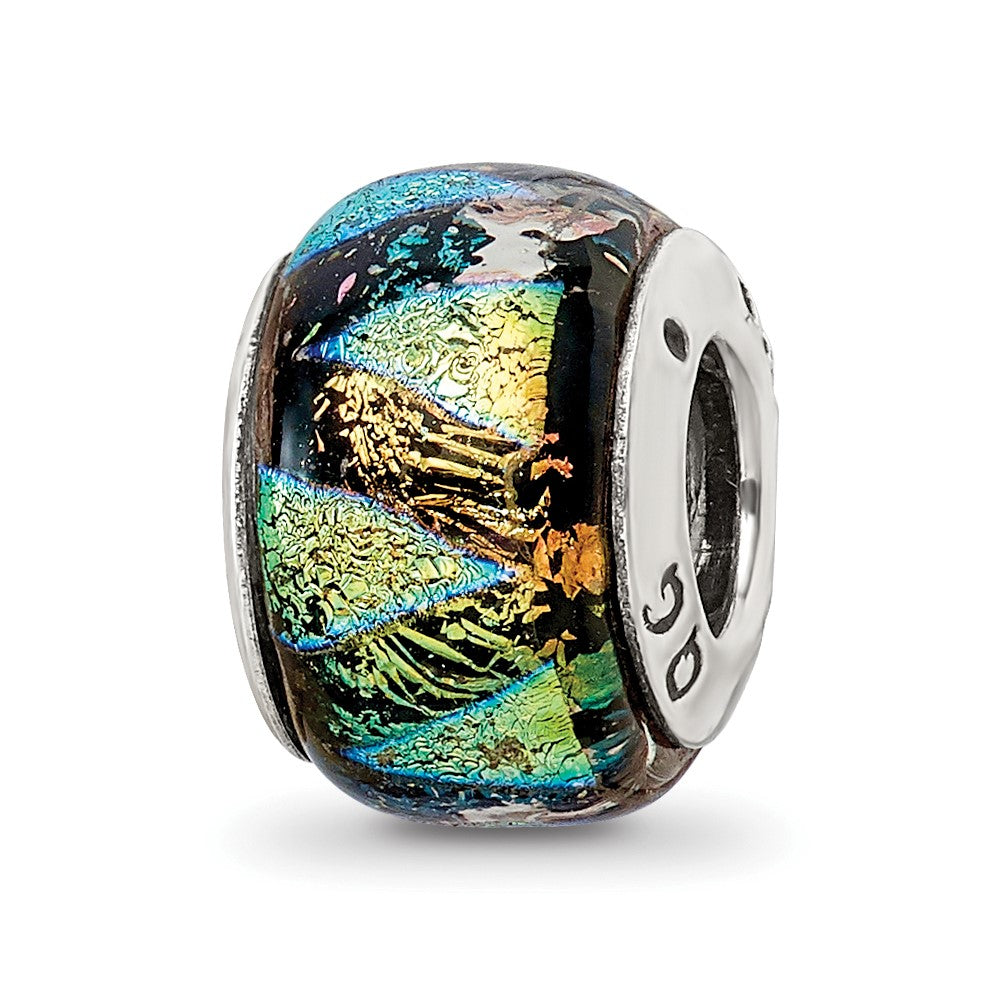 Sterling Silver Reflections Green Dichroic Glass Bead, 11.82 x 5.45 mm, 1.98 g