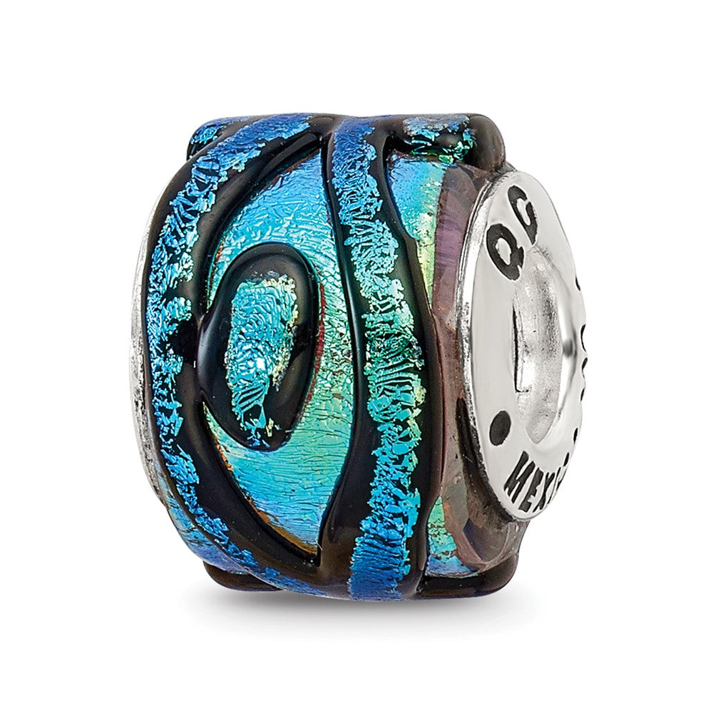 Sterling Silver Reflections Green Dichroic Glass Bead, 12.73 x 7.27 mm
