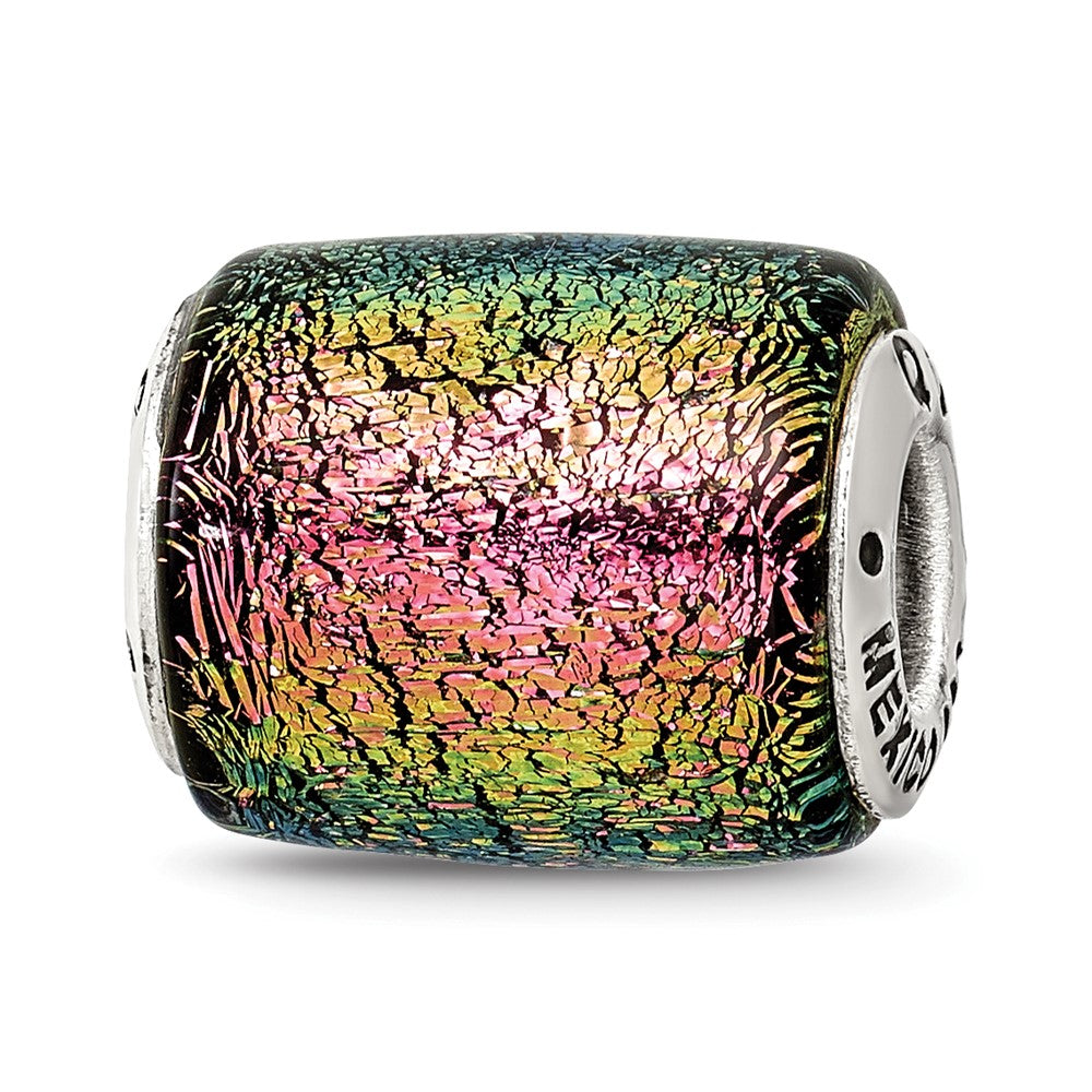 Sterling Silver Reflections Purple Dichroic Glass Barrel Bead, 12.73 x 14.55 mm