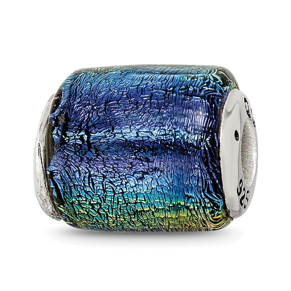Sterling Silver Reflections Rainbow Dichroic Glass Barrel Bead, 12.73 x 14.55 mm
