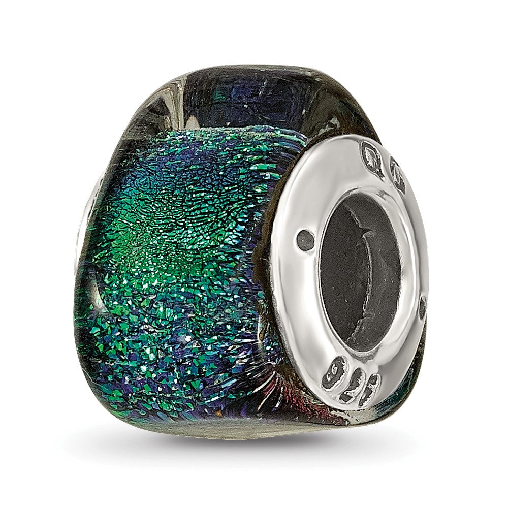 Sterling Silver Reflections Green Dichroic Glass Triangle Bead, 12.73 x 4.55 mm