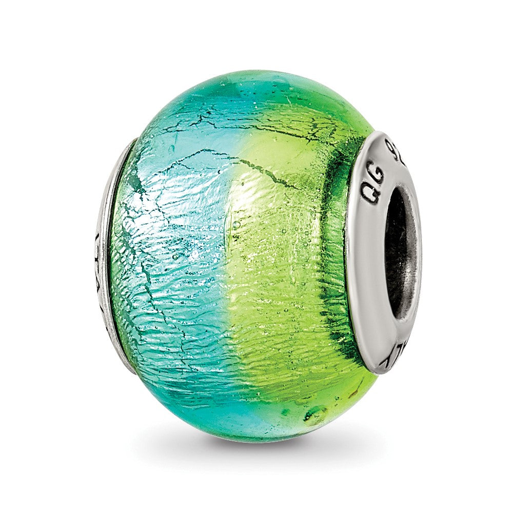 Sterling Silver Reflections Green/Blue Italian Murano Bead, 15.45 x 10.91 mm