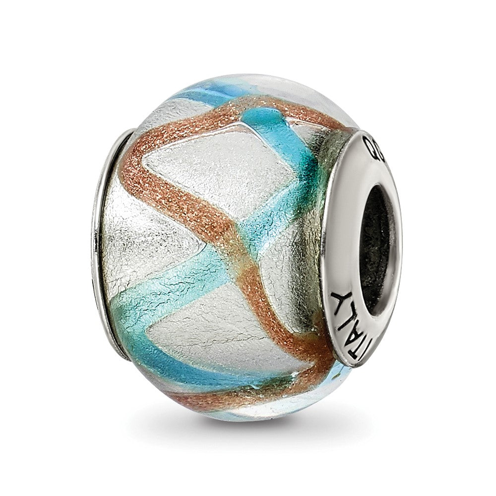 Sterling Silver Reflections Silver/Gold/Blue Italian Murano Bead, 15.45 x 10.91 mm