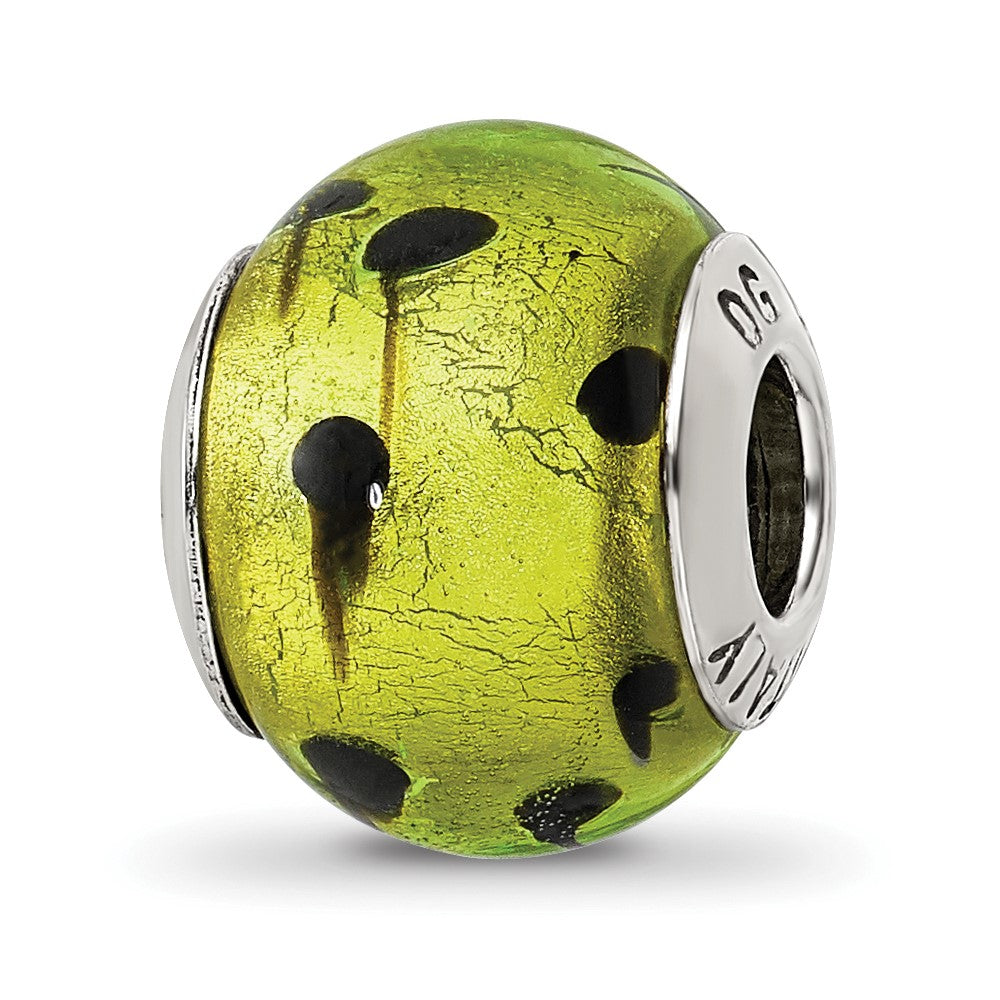 Sterling Silver Reflections Green/Black Italian Murano Bead, 15.45 x 10.91 mm, 2.43 g