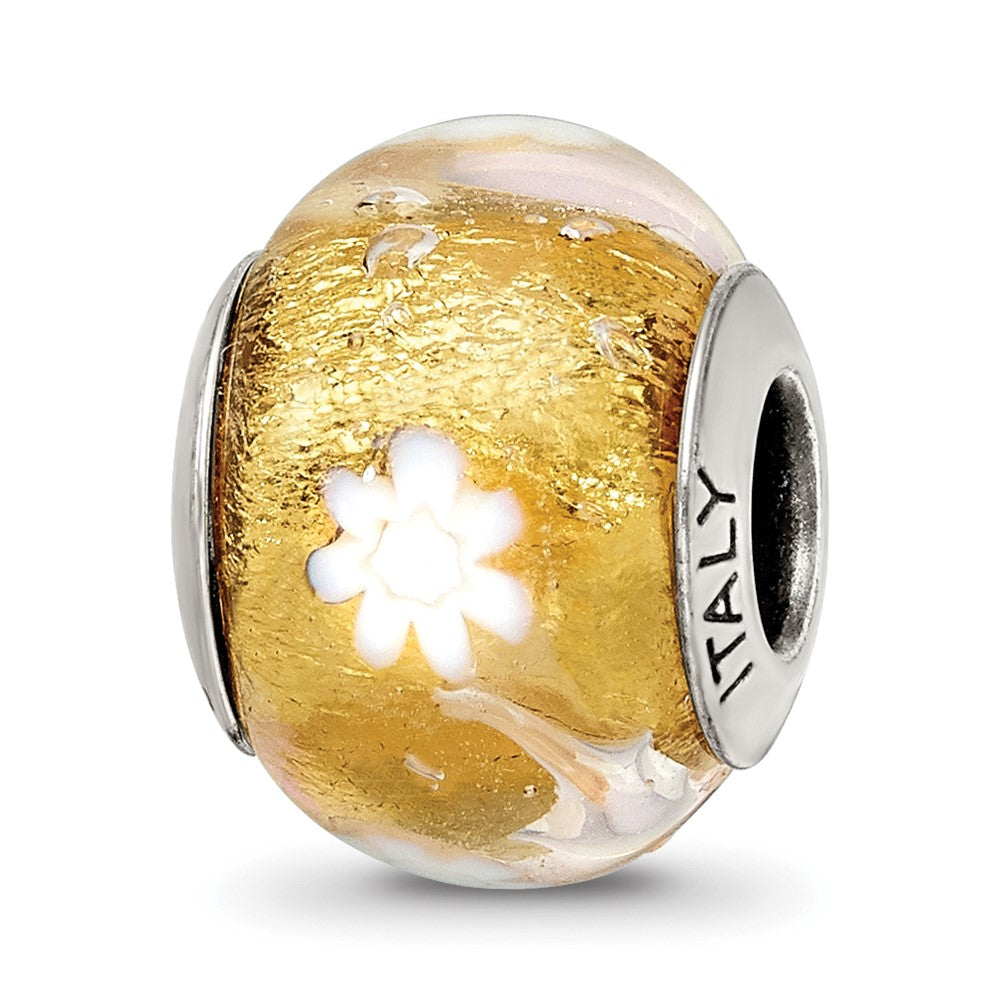 Sterling Silver Reflections Gold/White Flower Italian Murano Bead, 13.64 x 10.91 mm