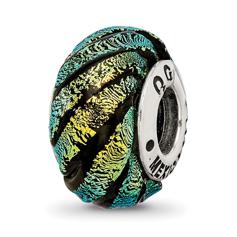 Sterling Silver Reflections Green Swirl Dichroic Glass Bead, 14.55 x 10 mm